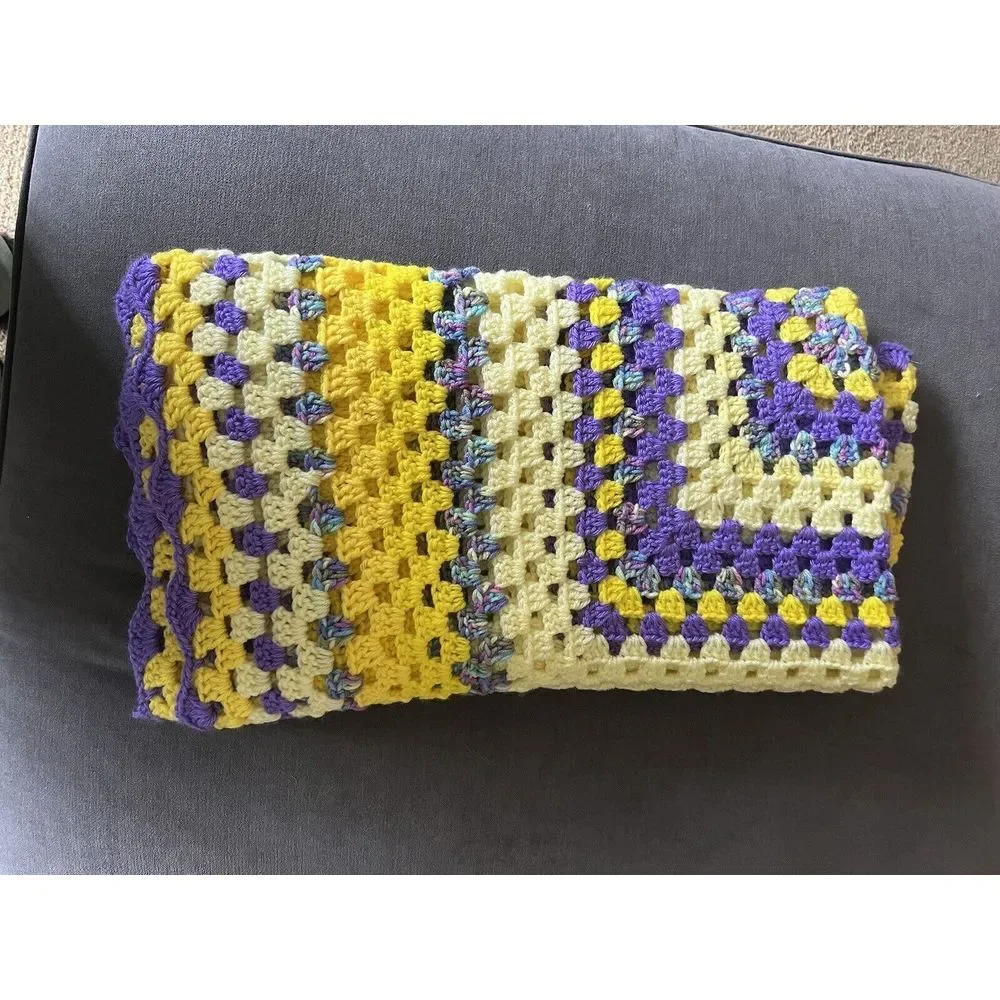 Crochet Afghan Purple Yellow Granny Blanket Cottagecore Lap Throw 48x40 Handmade